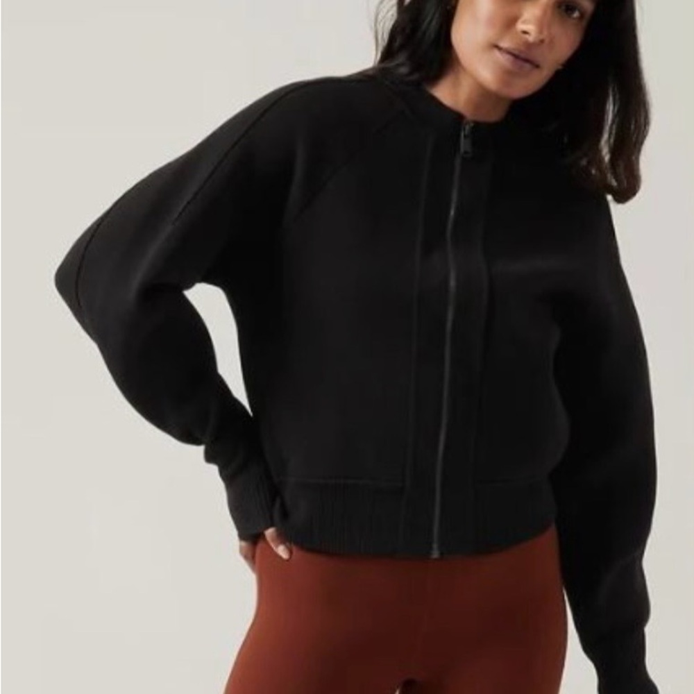 Athleta Sequoia Sweater, a structured, full-zip black bomber jacket. Size M